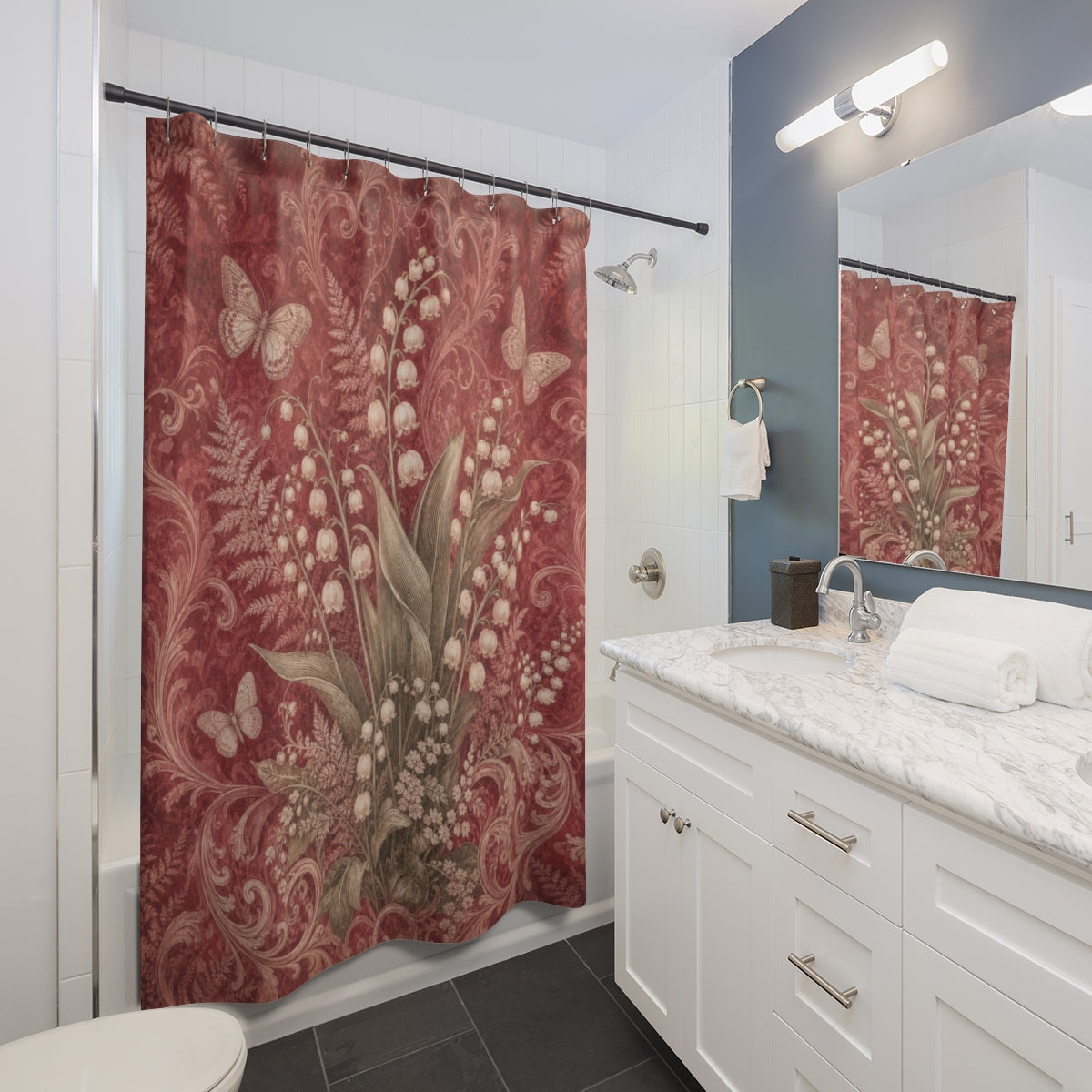 Red Art Nouveau Floral Shower Curtain
