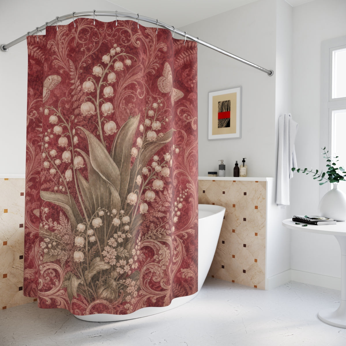 Red Art Nouveau Floral Shower Curtain