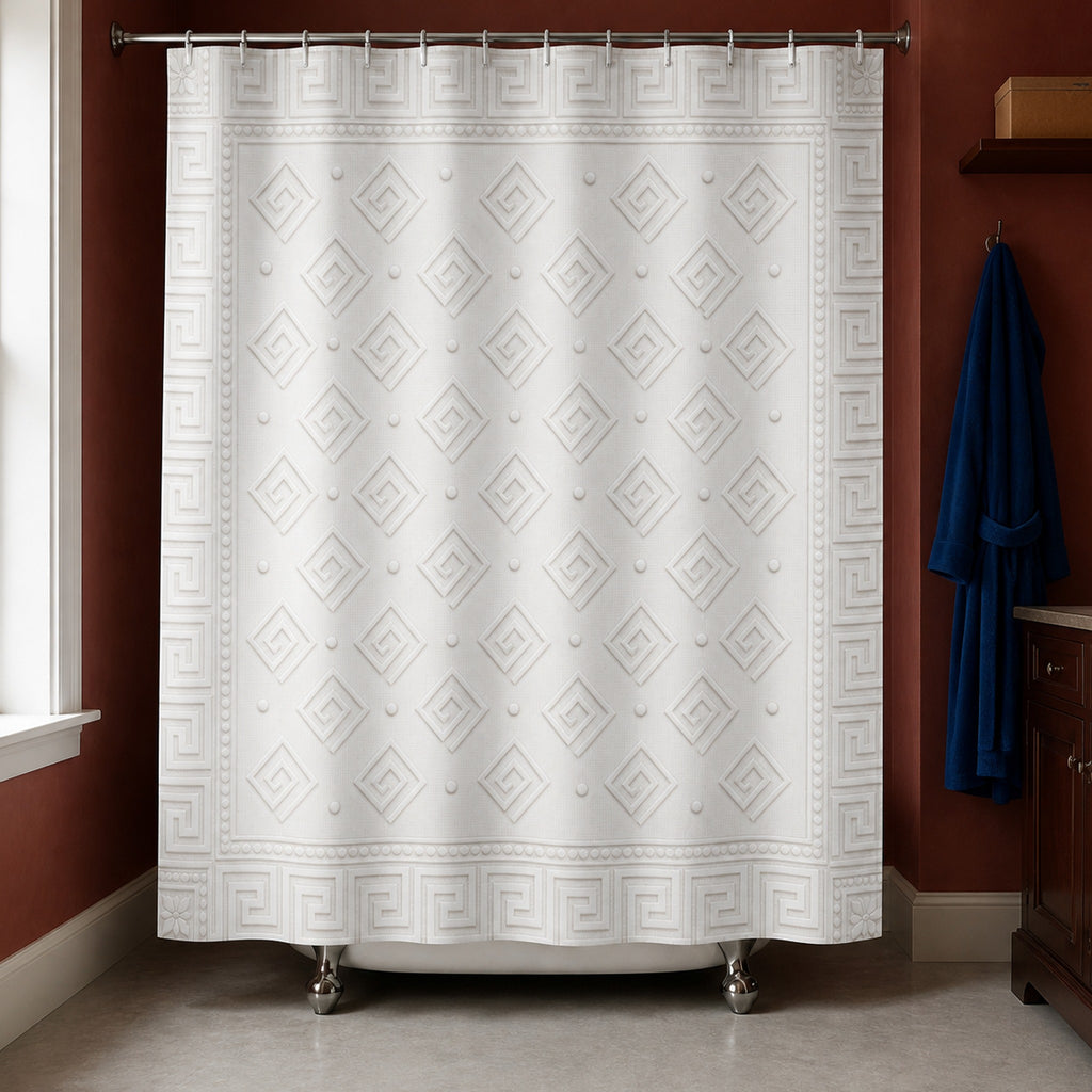 White Greek key shower curtain in a Pompeian red bathroom with blue robe