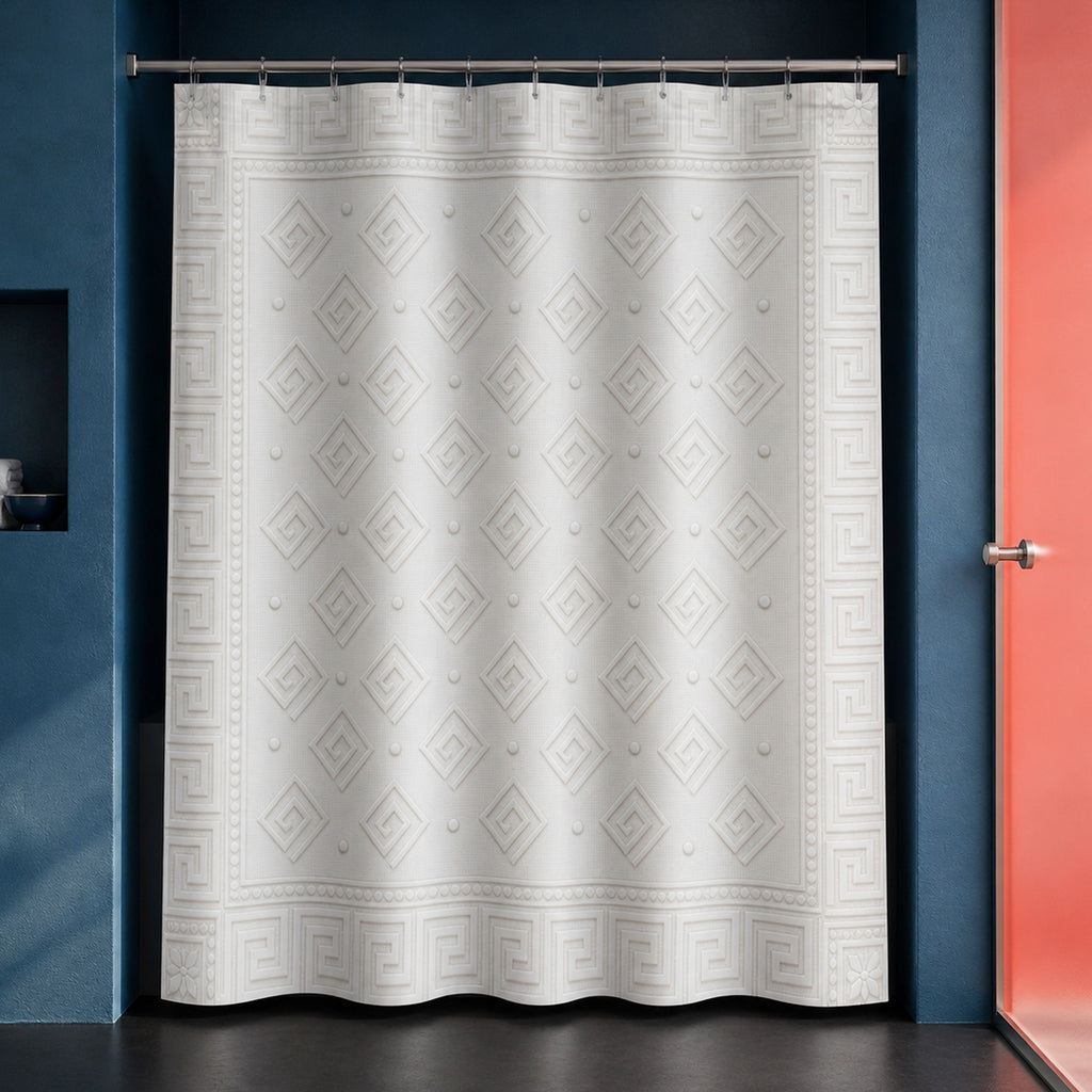 White Greek key shower curtain in a peacock blue and coral designer bathroom