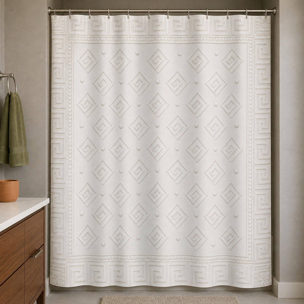 White Greek key shower curtain in a stone gray bathroom with walnut vanity