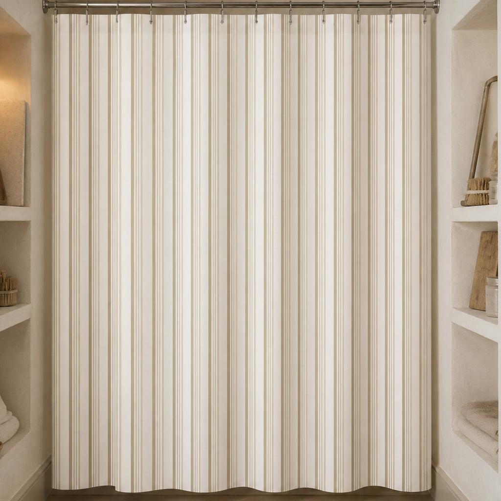 Cream tone-on-tone striped shower curtain in a lime-plaster conservator's mews workroom bathroom