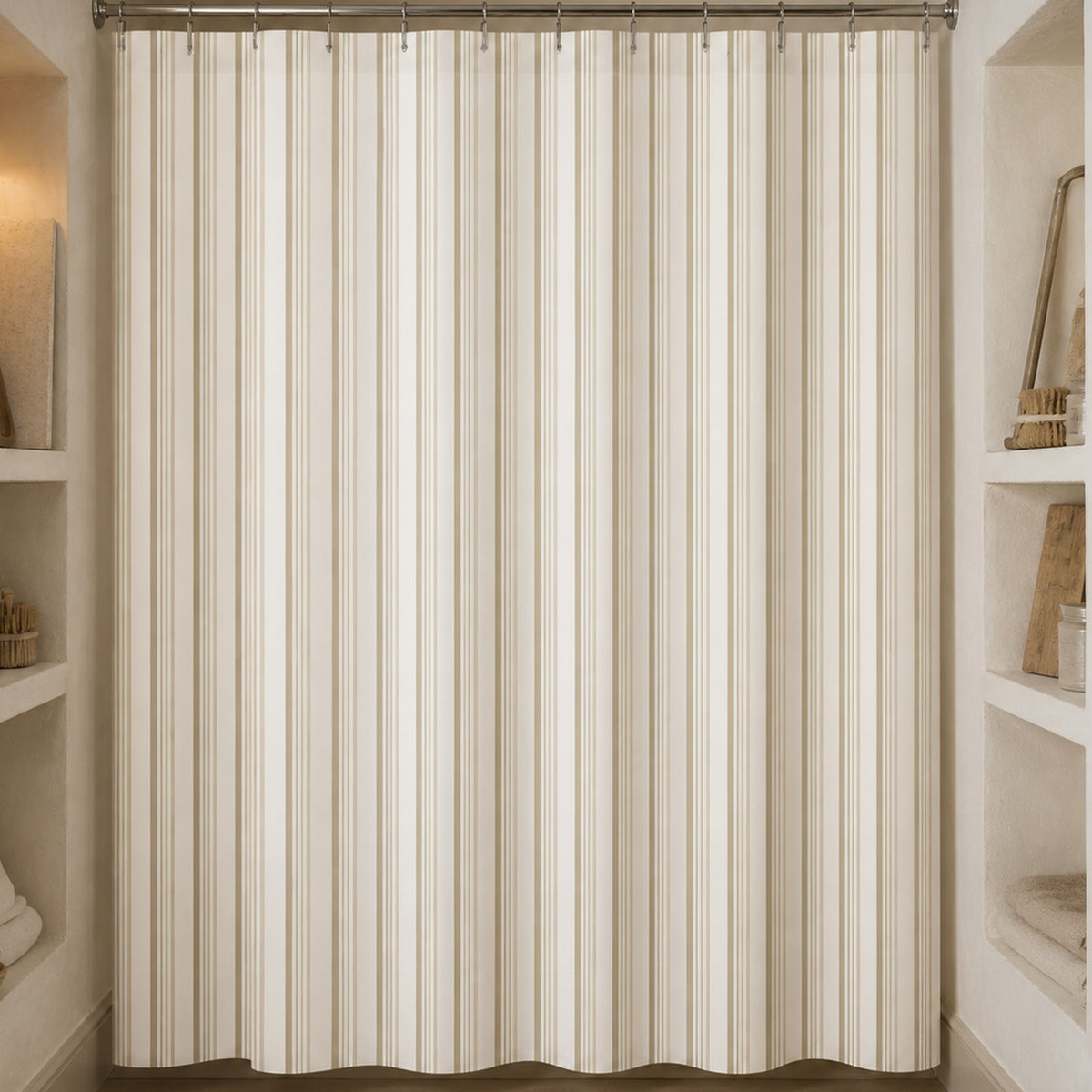 Cream tone-on-tone striped shower curtain in a lime-plaster conservator's mews workroom bathroom