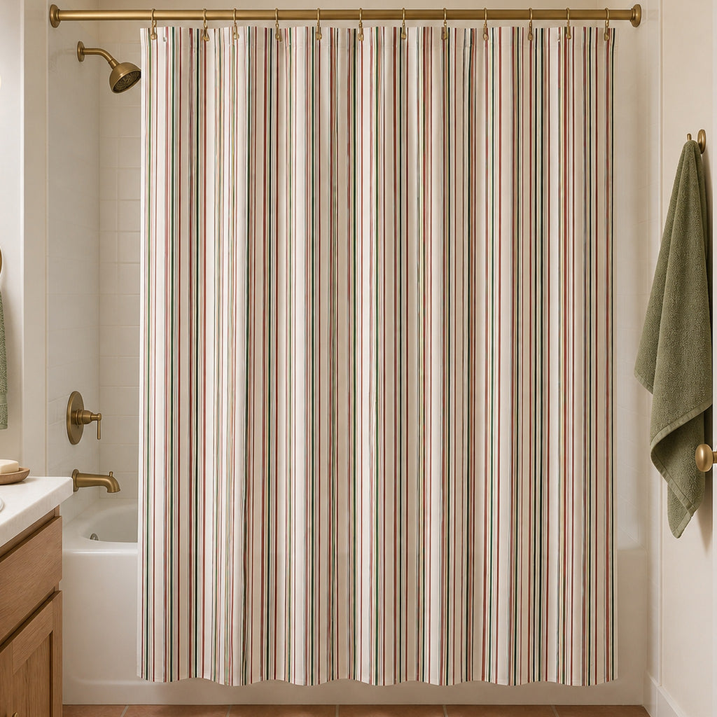 Boho multi stripe shower curtain in an attainable oak and terracotta apartment guest bathroom