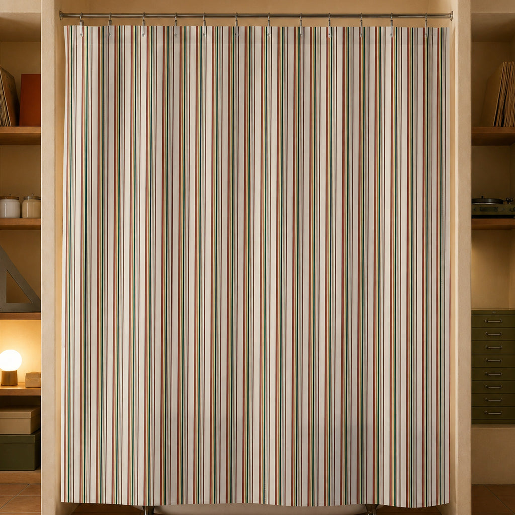 Boho multi stripe shower curtain in a 1970s desert record-sleeve designer's adobe studio bathroom