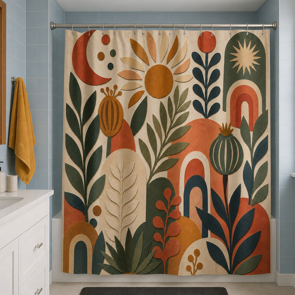 Modern boho botanical shower curtain in a powder blue family bathroom with white vanity