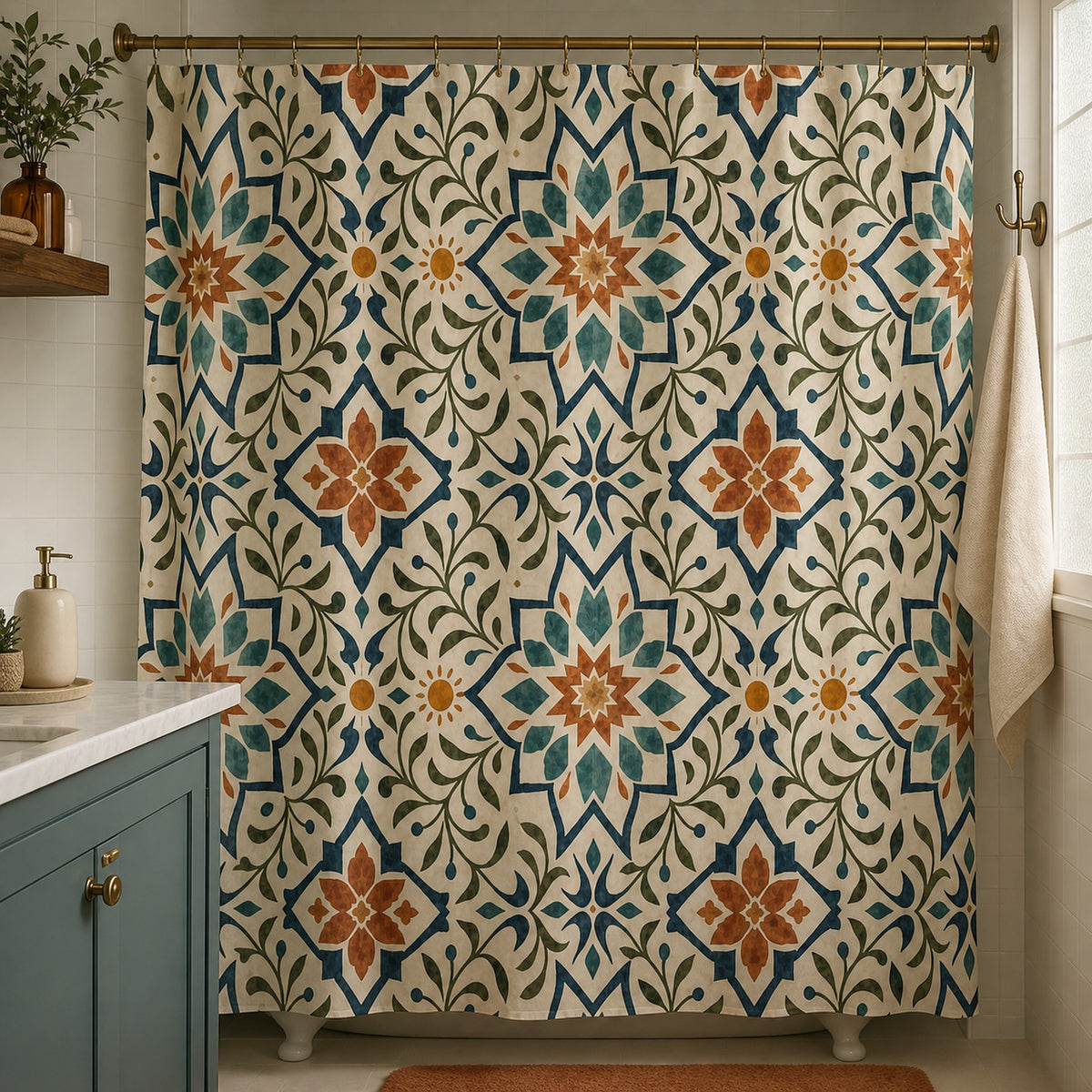 Blue terracotta Moroccan tile shower curtain in an attainable teal vanity guest bathroom