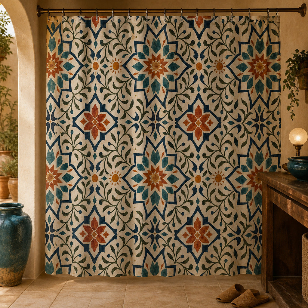 Blue terracotta Moroccan tile shower curtain in a ceramic artist courtyard bathroom
