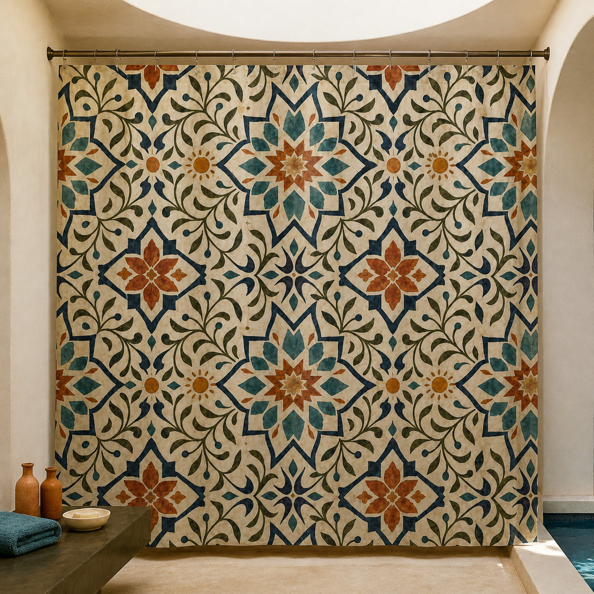 Blue terracotta Moroccan tile shower curtain in a sculpted oculus designer bathroom