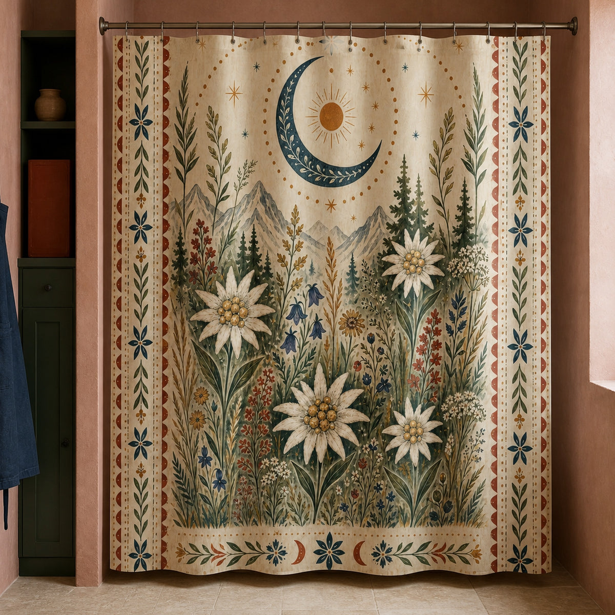 Framed wildflower moon shower curtain in an alpine printmaker washroom with dusty rose plaster and indigo apron
