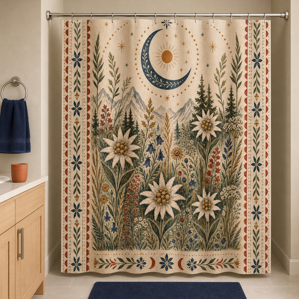 Framed wildflower moon shower curtain in a warm greige bathroom with birch vanity, navy towel, and terracotta cup