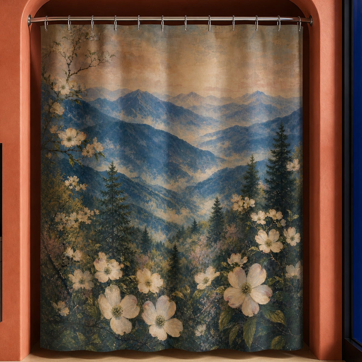 Fresco dogwood mountain shower curtain in a designer coral bathroom with ultramarine glass