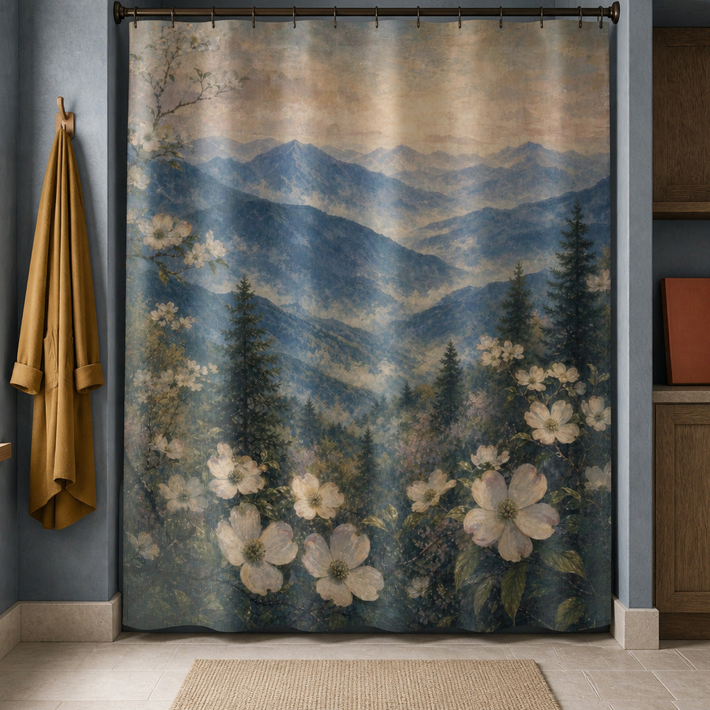 Blue mountain landscape shower curtain in a smoke blue washroom with ochre painter smock and coral case