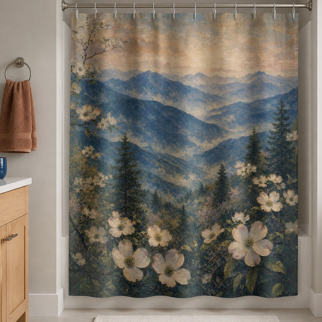 Blue mountain dogwood shower curtain in a warm gray bathroom with white oak vanity and clay towel