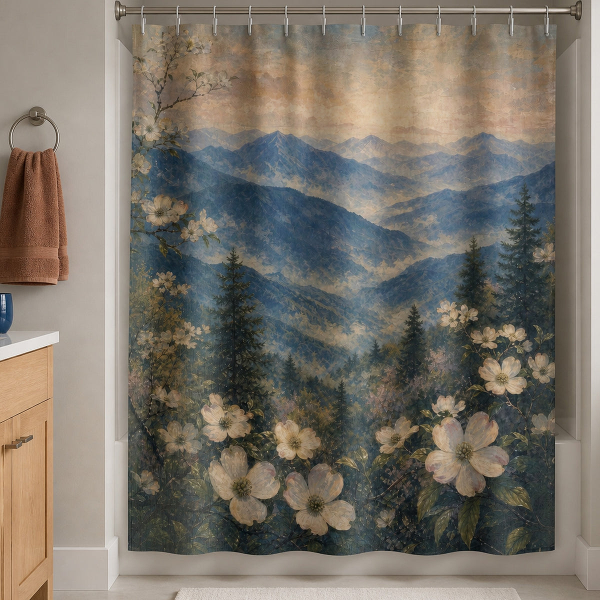 Blue mountain dogwood shower curtain in a warm gray bathroom with white oak vanity and clay towel