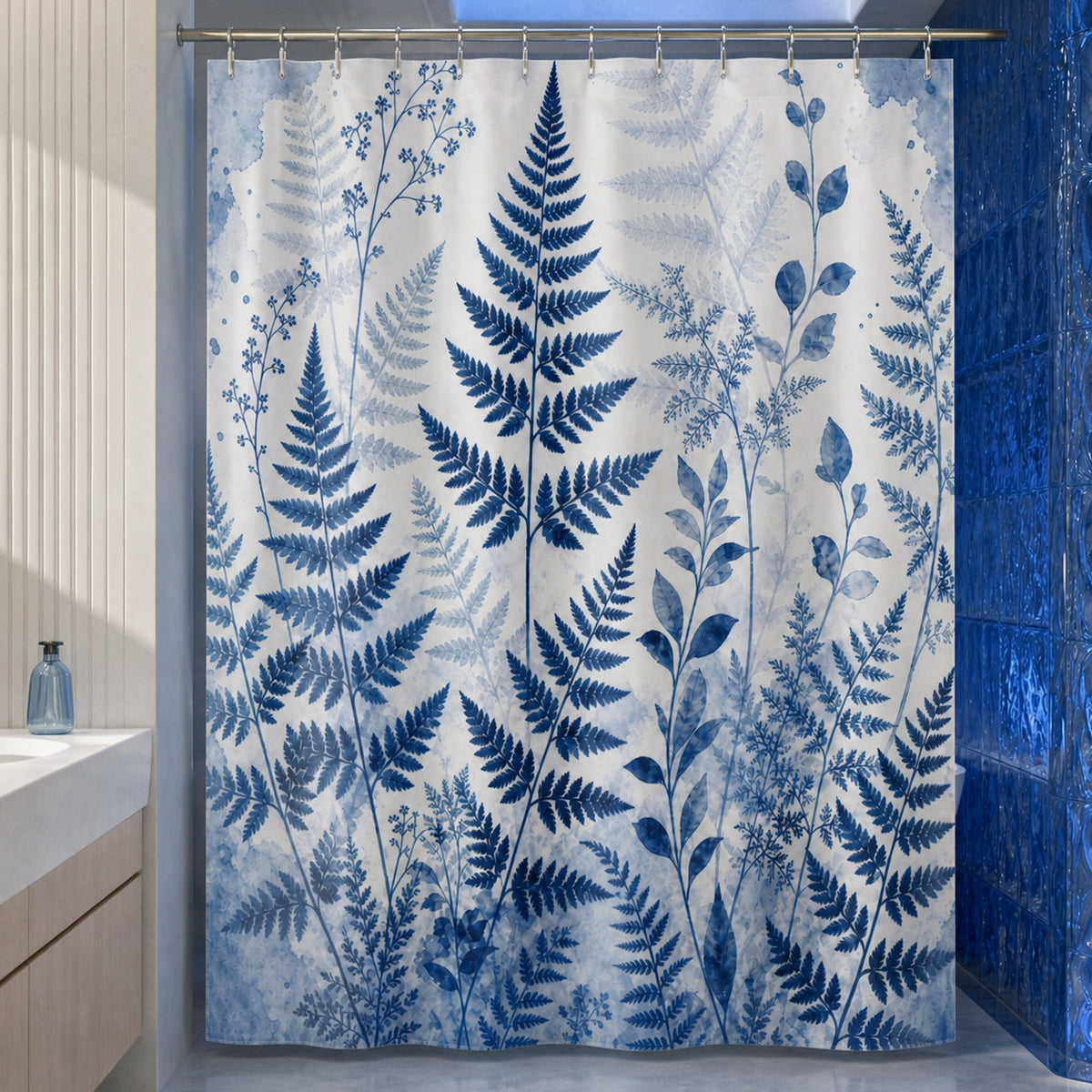 Blue fern shower curtain in a luxury lapis glass bathroom with icy skylight and sculpted white plaster