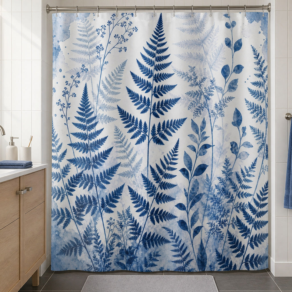 Blue watercolor fern shower curtain in a warm white bathroom with pale oak vanity and dusty blue towel