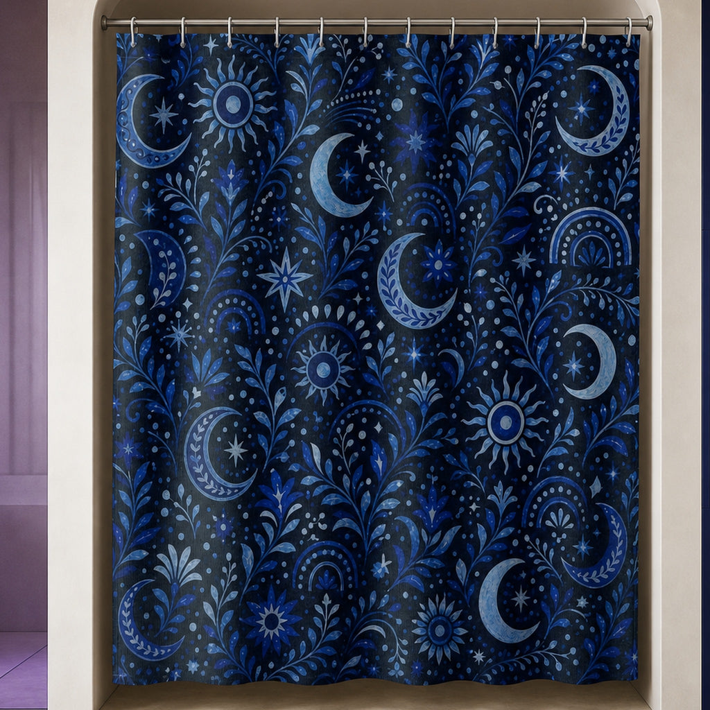 Navy celestial moon and sun shower curtain in a luxury opal bathroom with violet glass and cobalt niche