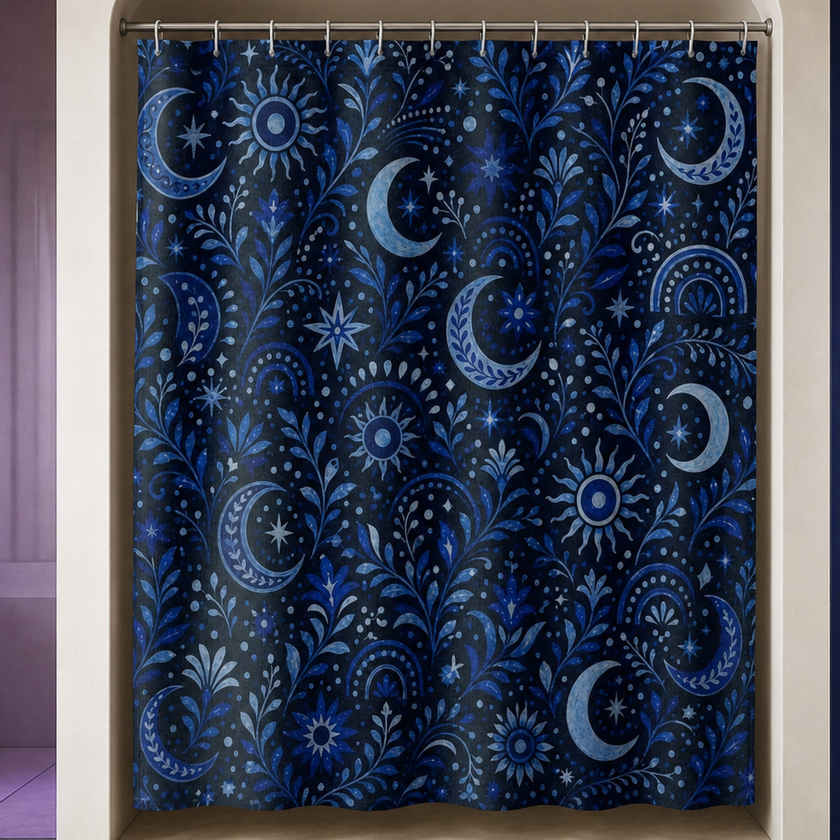 Navy celestial moon and sun shower curtain in a luxury opal bathroom with violet glass and cobalt niche