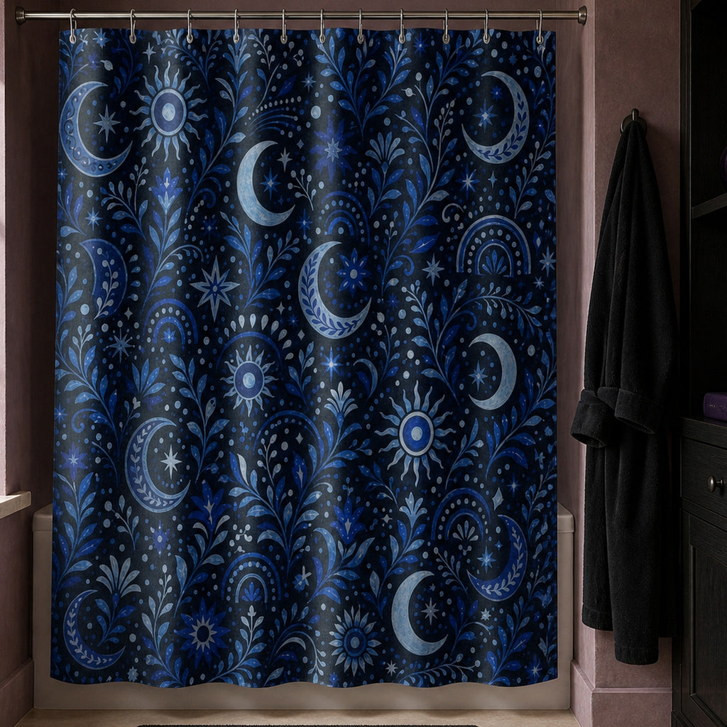 Navy celestial moon and sun shower curtain in a tarot reader brownstone bathroom with mauve walls and black robe