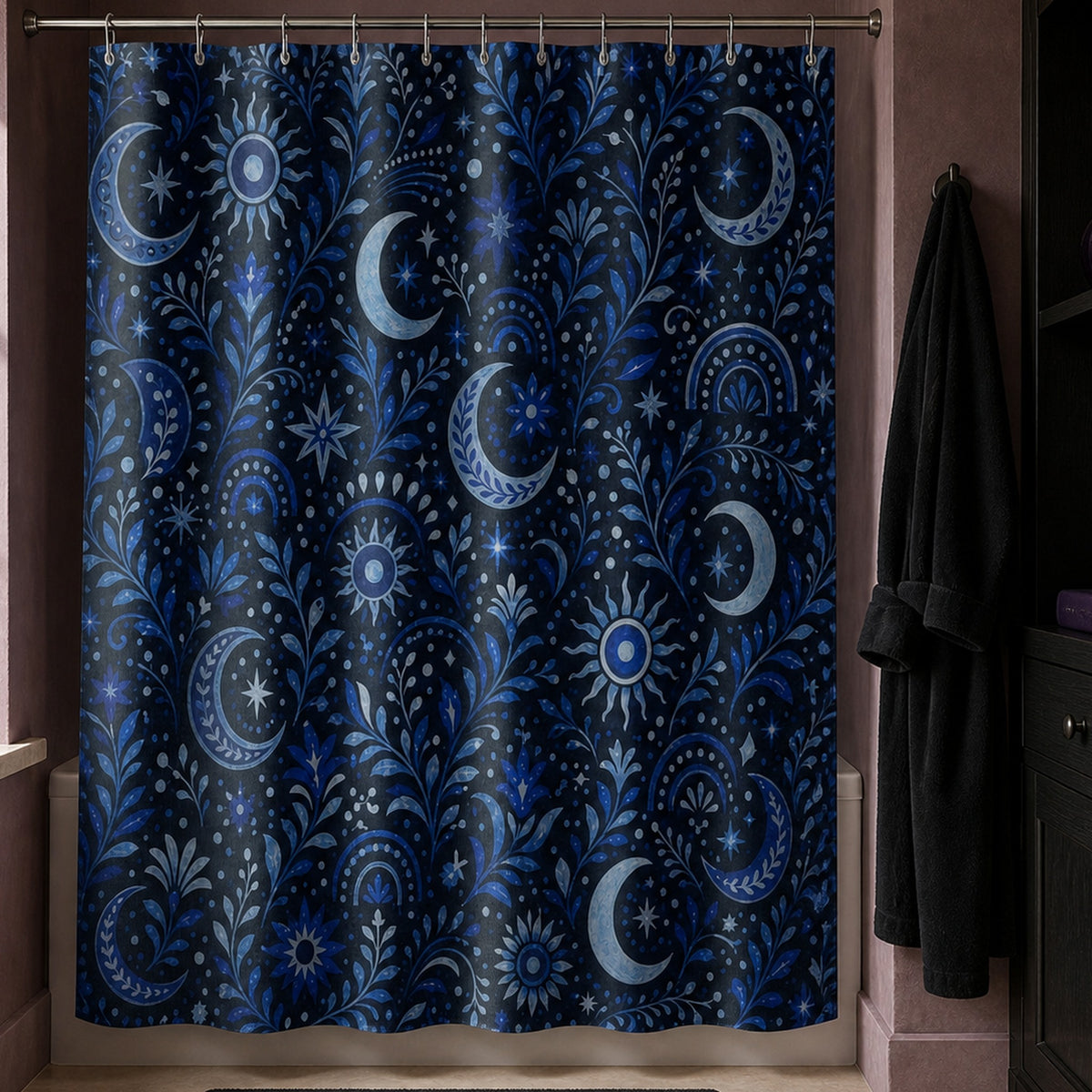 Navy celestial moon and sun shower curtain in a tarot reader brownstone bathroom with mauve walls and black robe