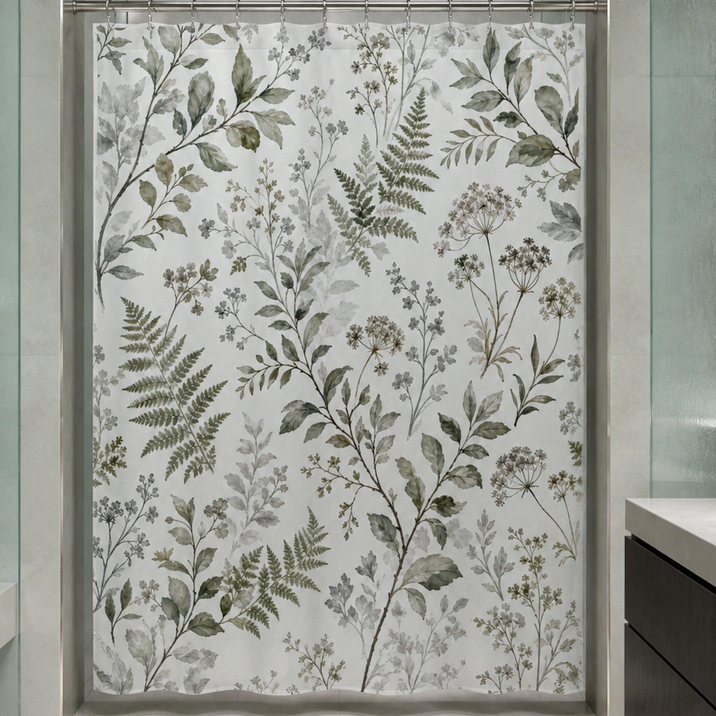 Green grey botanical shower curtain in a luxury celadon glass and silvered limestone bathroom