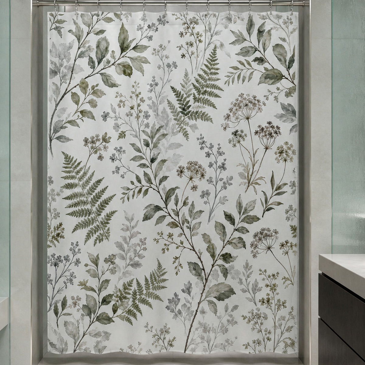 Green grey botanical shower curtain in a luxury celadon glass and silvered limestone bathroom
