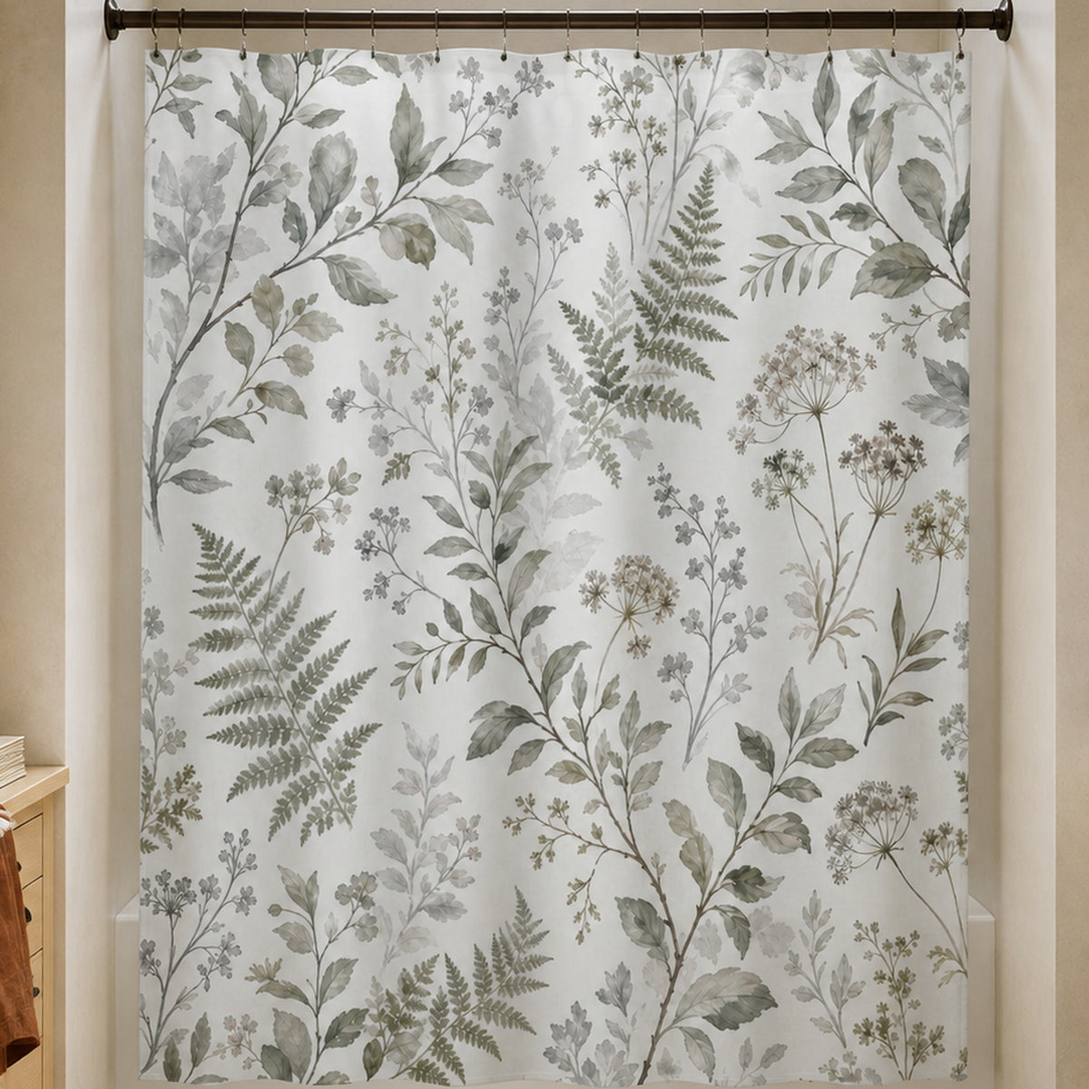 Green grey botanical shower curtain in an herbarium archivist washroom with maple specimen drawers