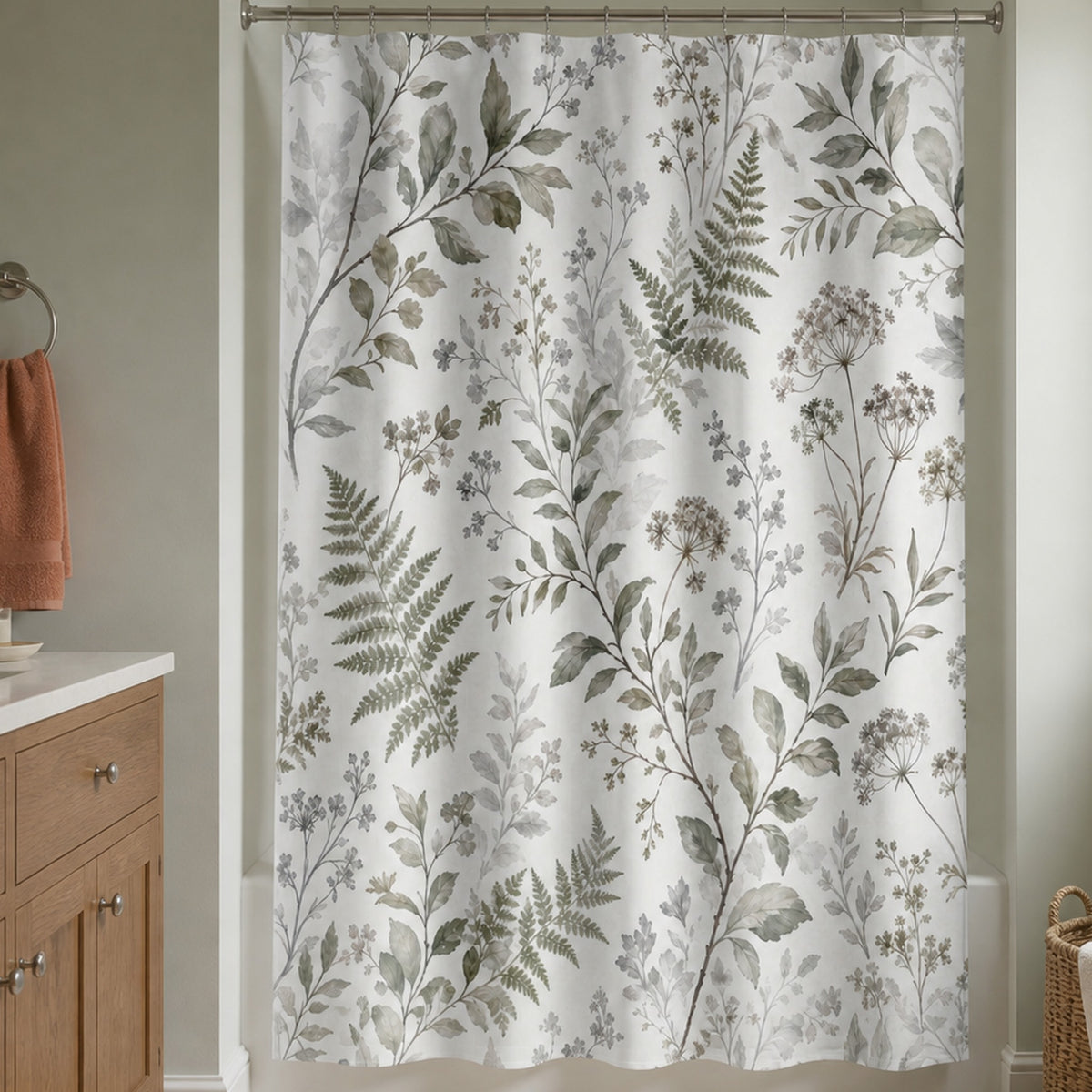 Green grey botanical shower curtain in a sage gray family bathroom with oak vanity and coral towel