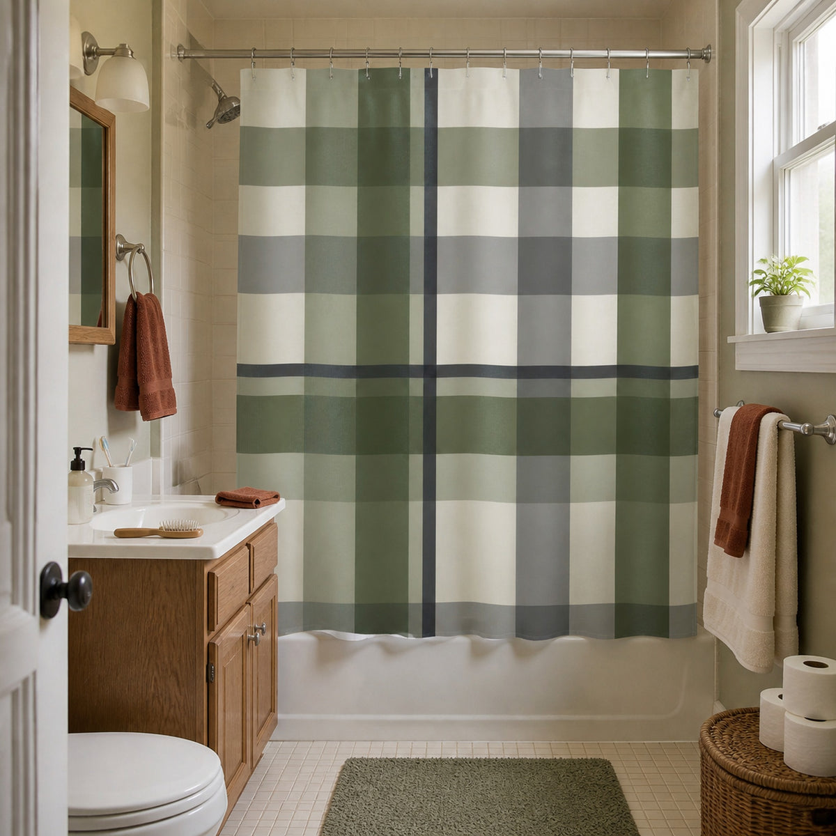 Green and grey plaid shower curtain in an attainable guest bathroom with an oak vanity and sage walls