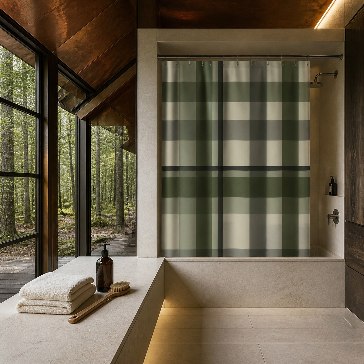 Green and grey plaid shower curtain in a forest pavilion bathroom with a folded copper roof