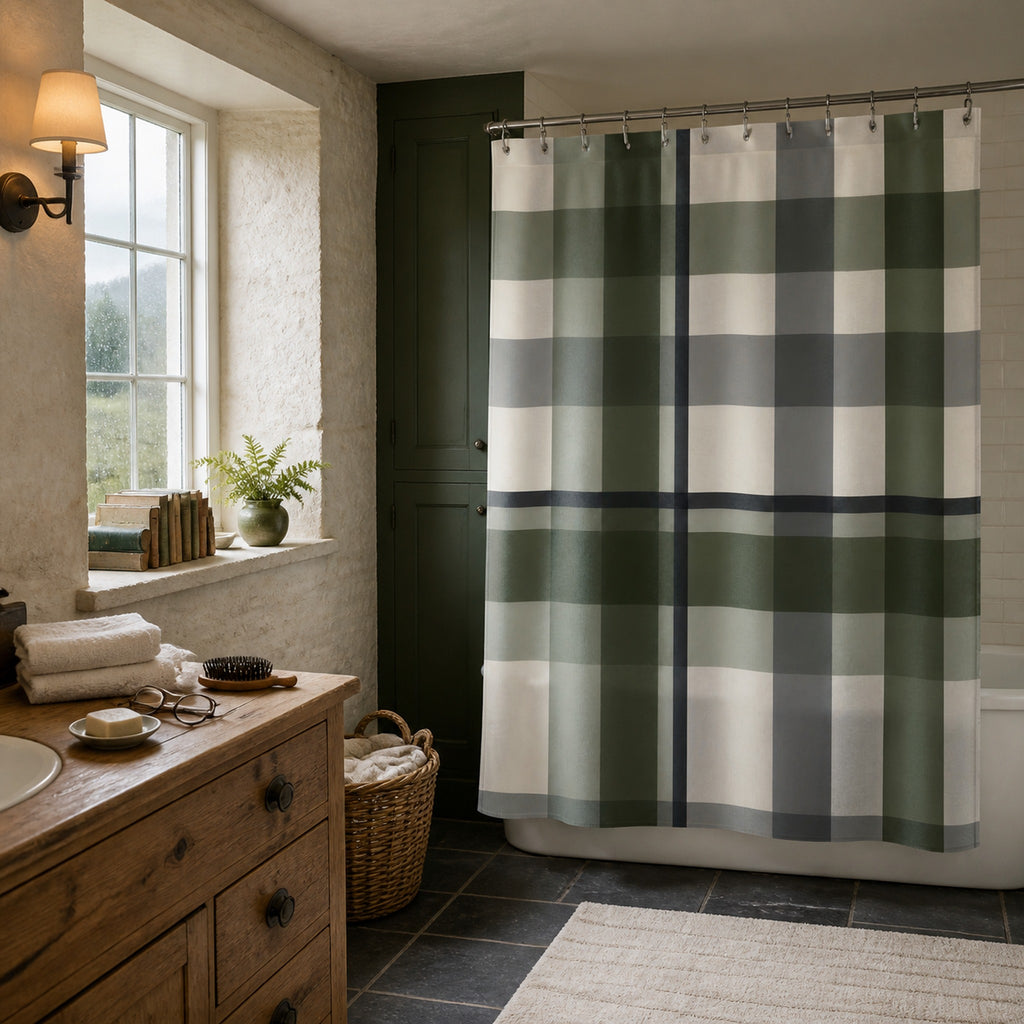 Green and grey plaid shower curtain in a Lake District stone bathroom with pine and dark green cabinets