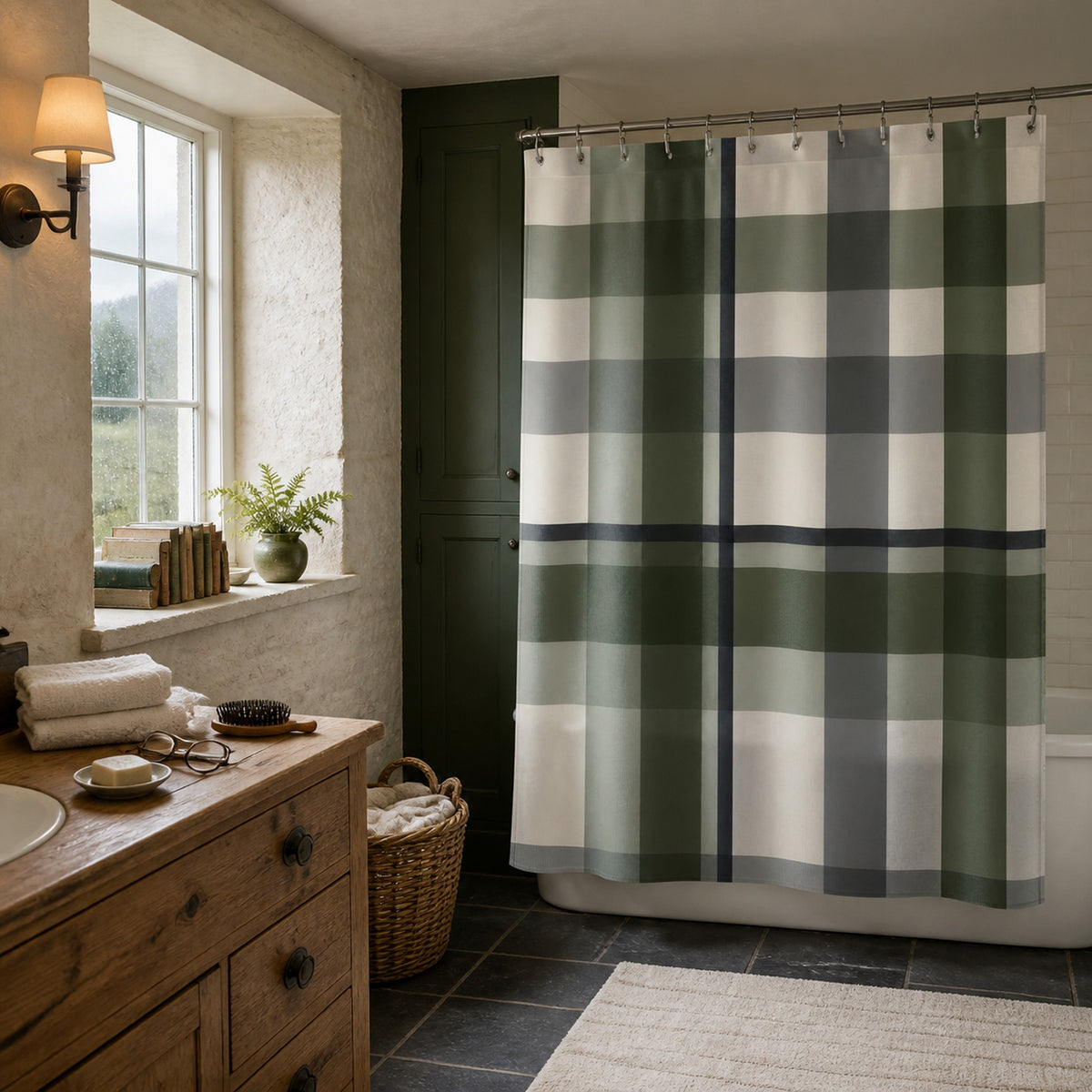 Green and grey plaid shower curtain in a Lake District stone bathroom with pine and dark green cabinets