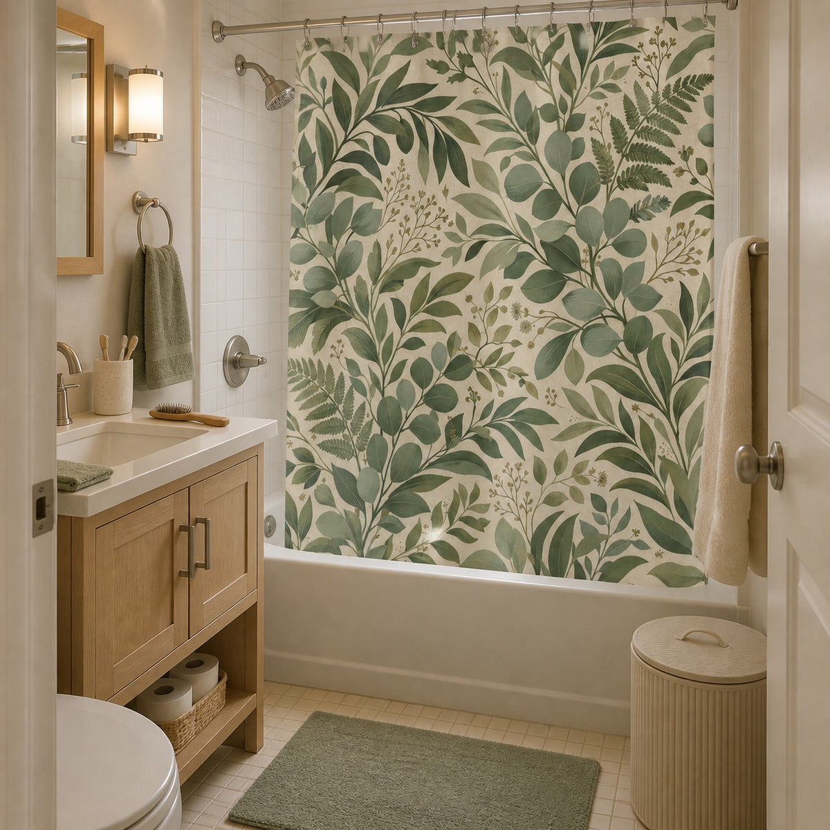 Sage green eucalyptus leaf shower curtain in an attainable guest bathroom with a light oak vanity