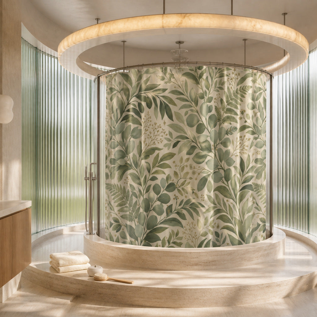 Sage green eucalyptus leaf shower curtain in a circular sage glass designer bathroom with cream travertine