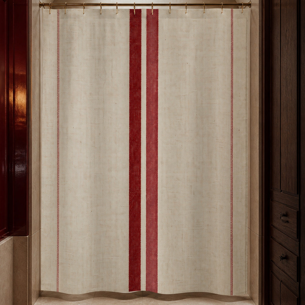 French red stripe shower curtain in a luxury oxblood lacquer and Burgundy limestone Parisian bathroom