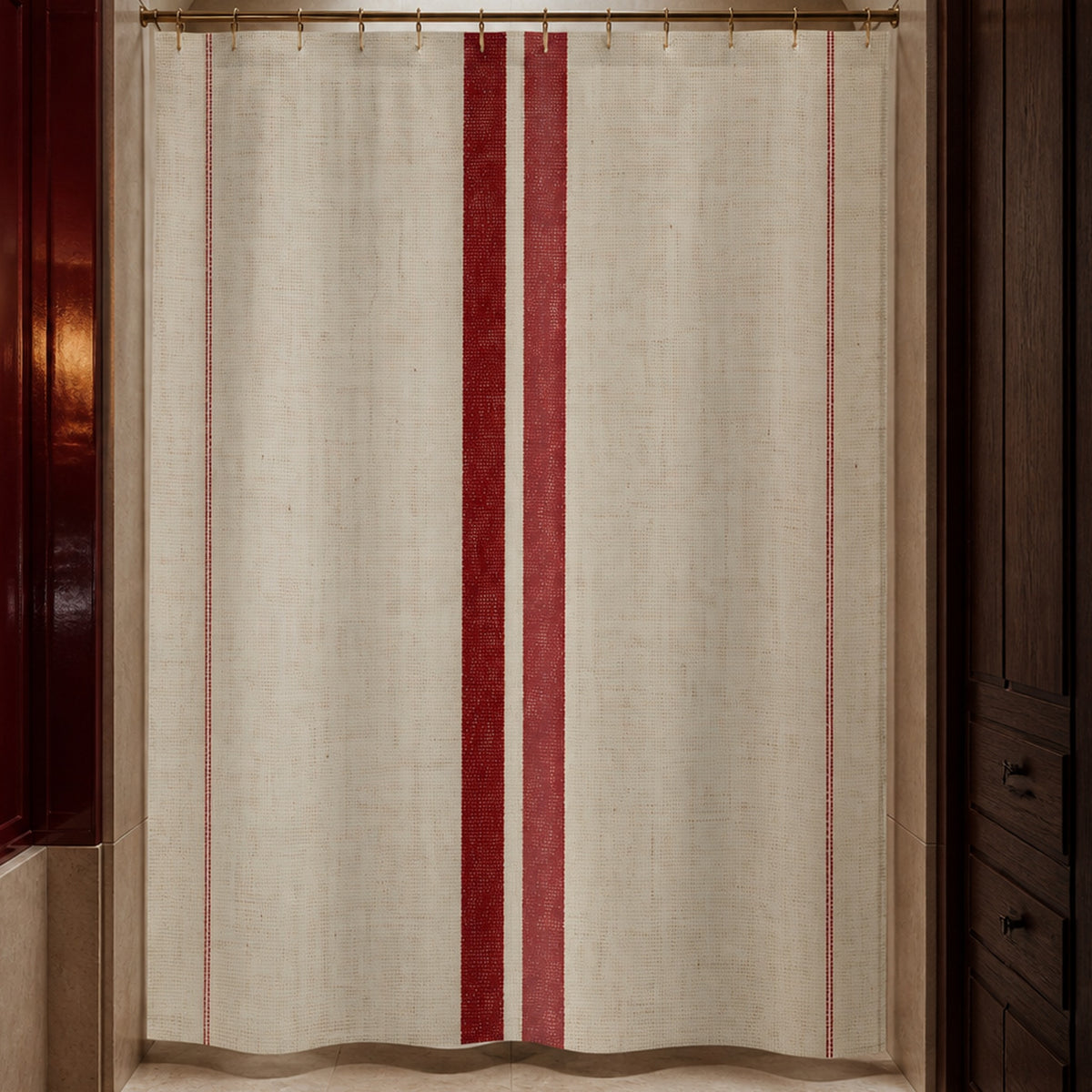 French red stripe shower curtain in a luxury oxblood lacquer and Burgundy limestone Parisian bathroom
