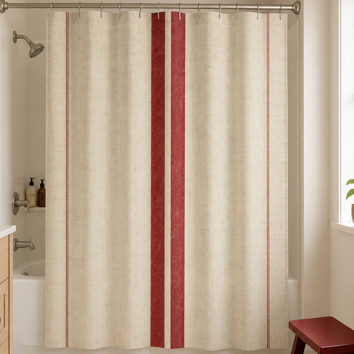 French red stripe shower curtain in a warm cream everyday bathroom with pale oak vanity and oxblood step stool