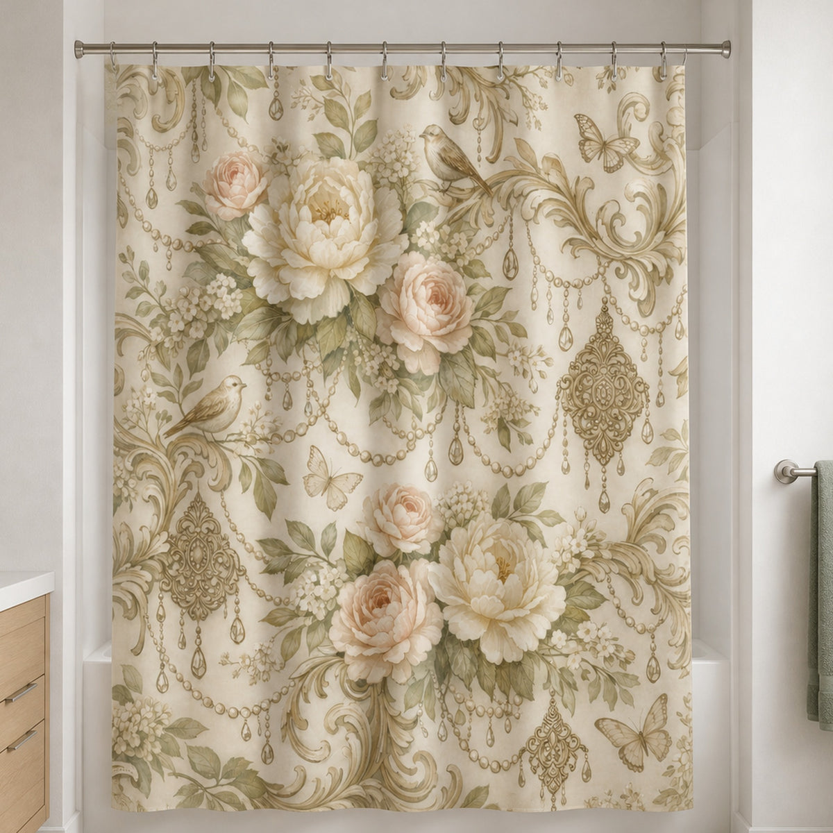 Blush ivory peony shower curtain in an attainable warm-white bathroom