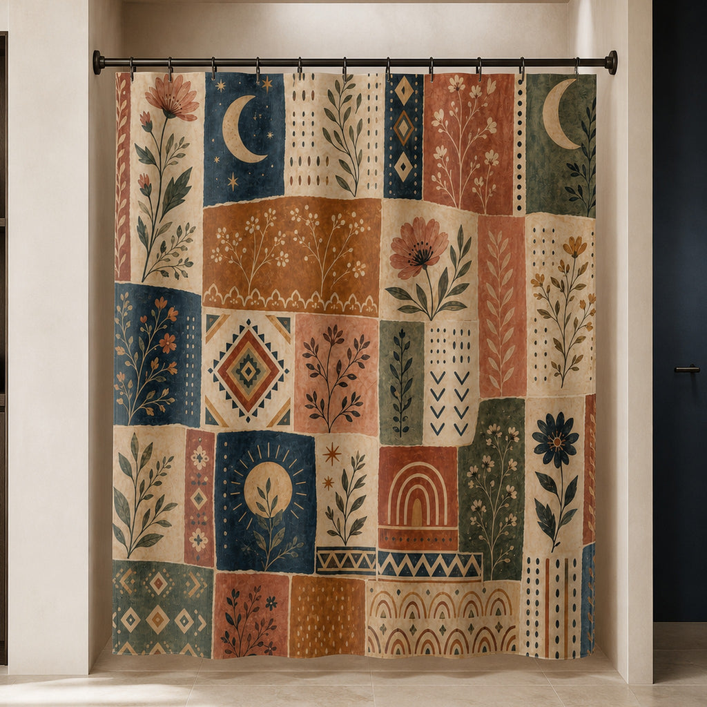 Boho floral moon patchwork shower curtain in a luxury ivory lightwell bathroom with indigo wall and smoked oak