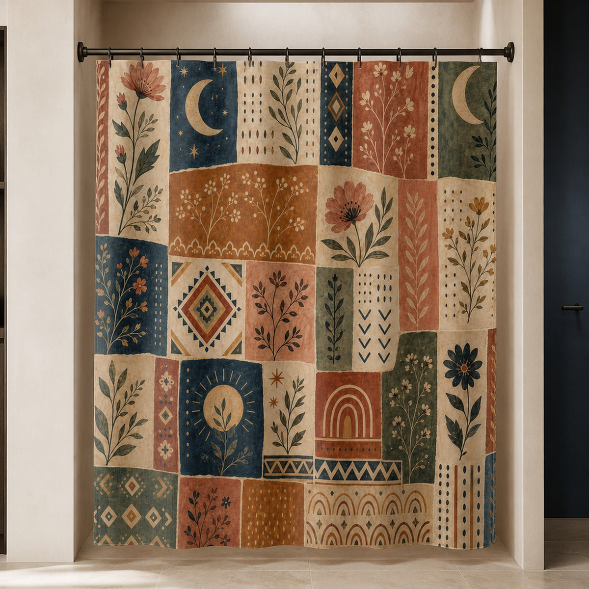 Boho floral moon patchwork shower curtain in a luxury ivory lightwell bathroom with indigo wall and smoked oak