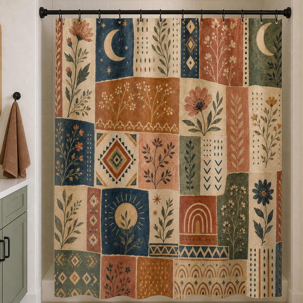 Boho floral moon patchwork shower curtain in a warm white bathroom with sage vanity and clay towel