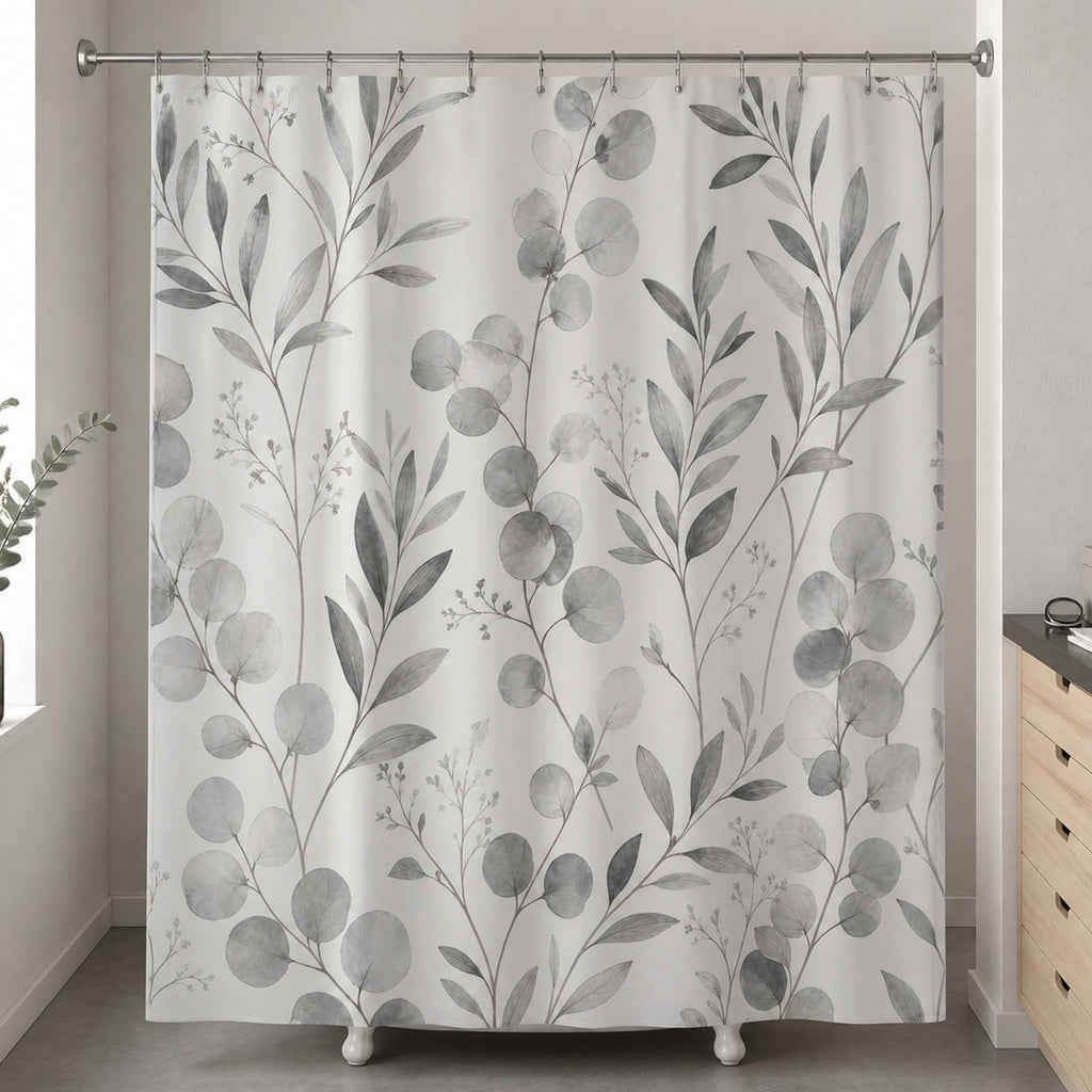 Grey white eucalyptus shower curtain in a monochrome herbarium curator washroom with maple drawers