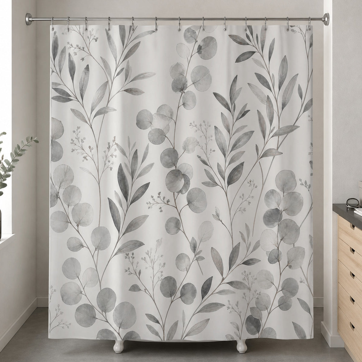 Grey white eucalyptus shower curtain in a monochrome herbarium curator washroom with maple drawers