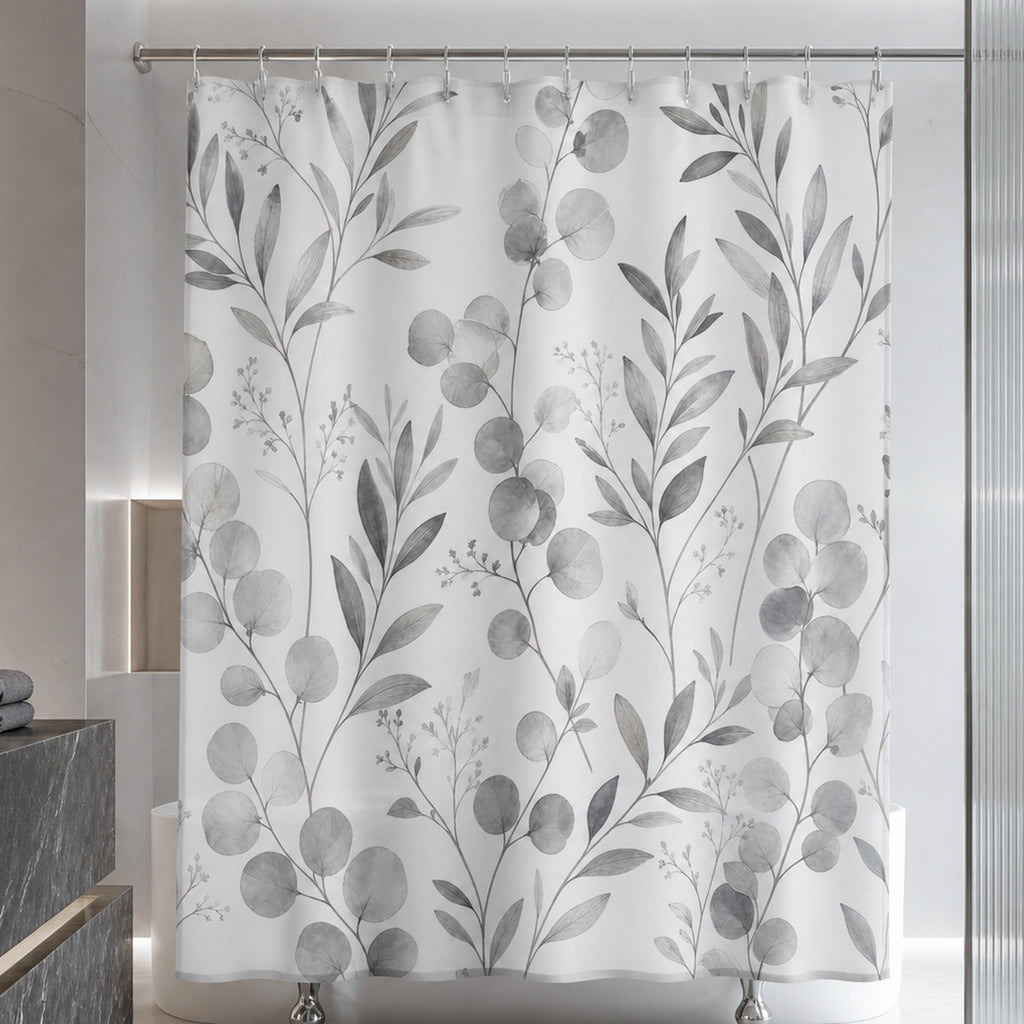 Grey white eucalyptus shower curtain in a luxury silver onyx fluted glass and graphite bathroom
