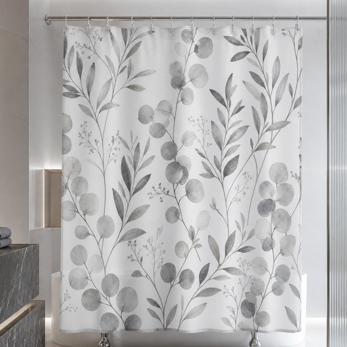 Grey white eucalyptus shower curtain in a luxury silver onyx fluted glass and graphite bathroom