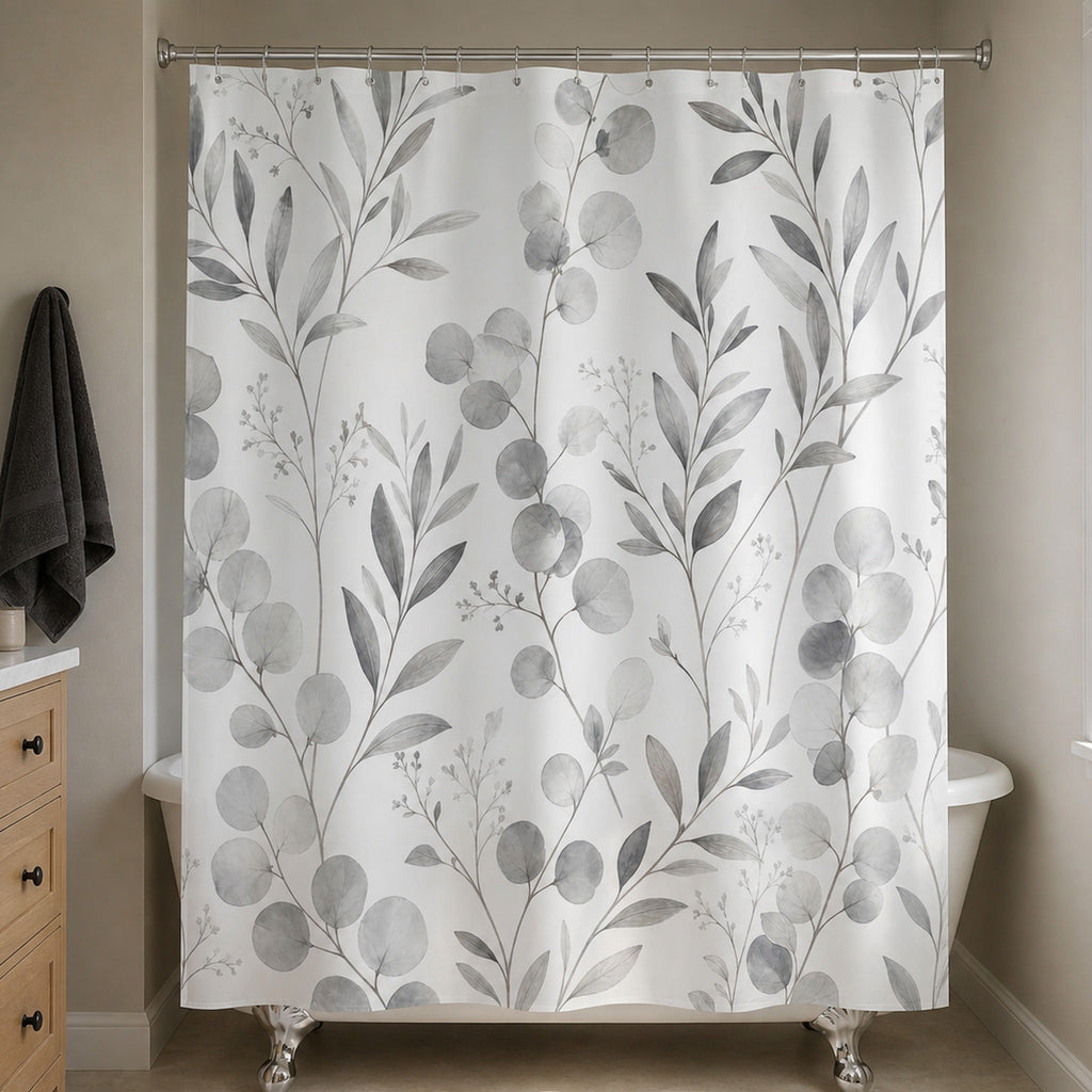Grey white eucalyptus shower curtain in a warm greige bathroom with pale oak vanity and charcoal towel