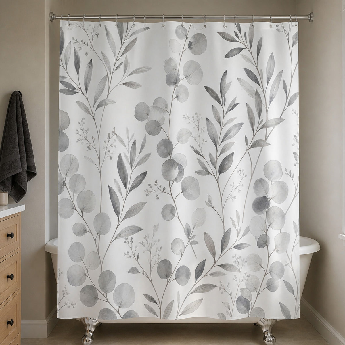 Grey white eucalyptus shower curtain in a warm greige bathroom with pale oak vanity and charcoal towel