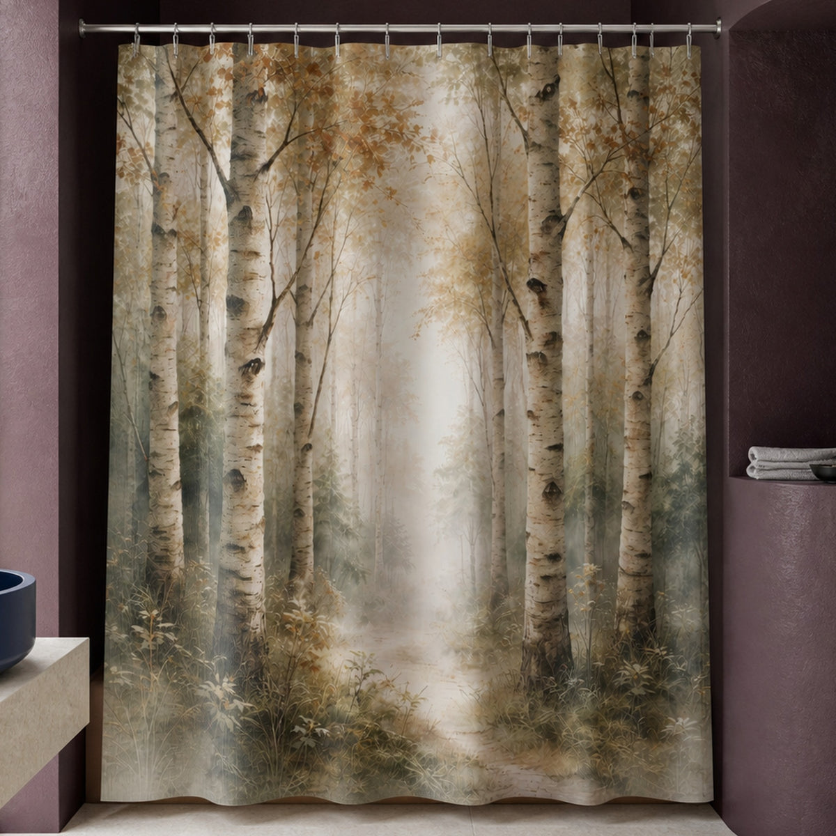 Beige and sage birch forest shower curtain in an aubergine designer bathroom