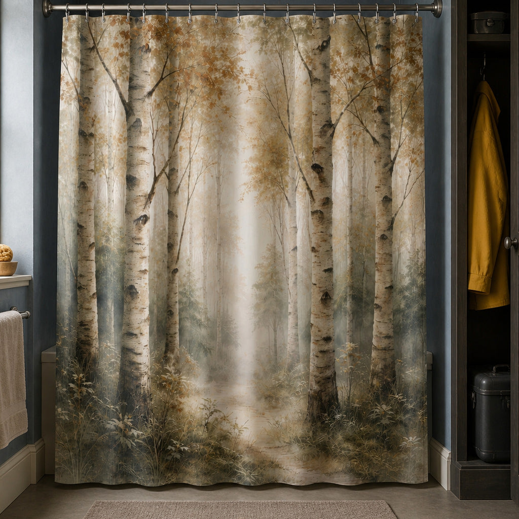 Beige and sage birch forest shower curtain in a dusty-blue ecologist bathroom